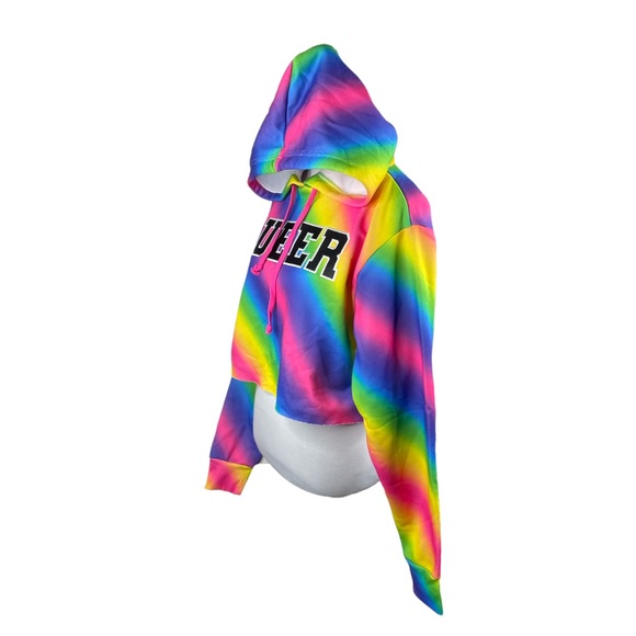 Dolls Kill Club Exx Playful Player Queer 69 Cropped Hoodie Rainbow Size Large - Picture 3 of 11